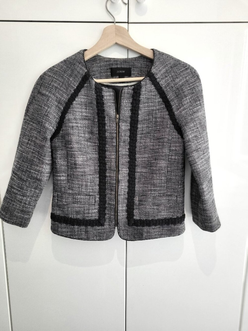 J. Crew Collarless Cropped Cotton NavyTweed Jacket Size 2